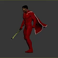 Male Superhero In Red Suit With Red Cape Holding Yellow Sword