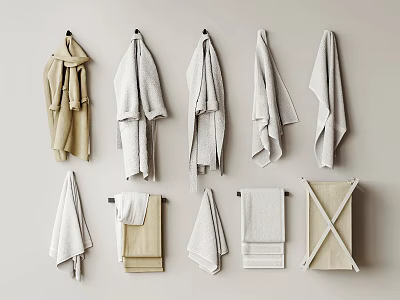 Neutral Toned Towels In Different Sizes And Styles On Wall 3d model