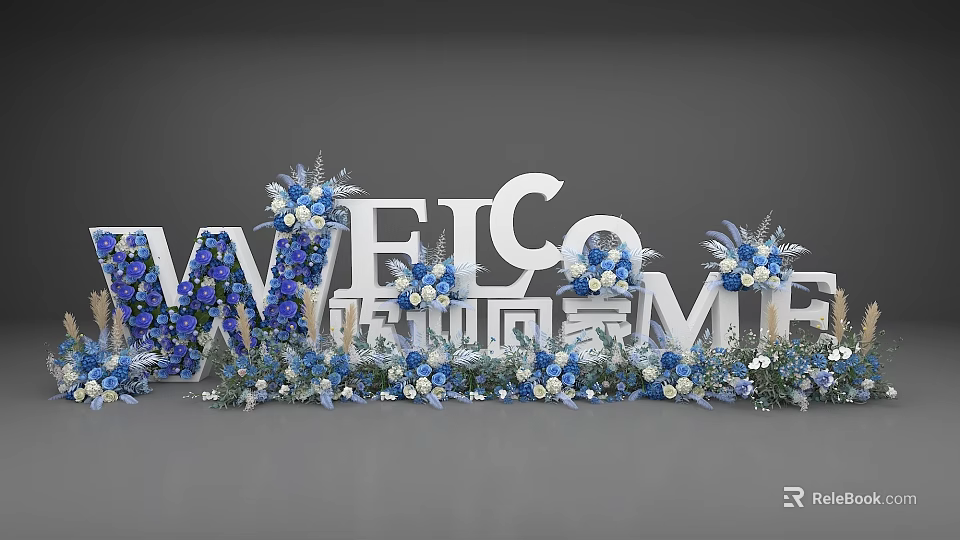 Floral Installation With Welcome Letters Blue White Flowers And Feather Accents 3d model 
