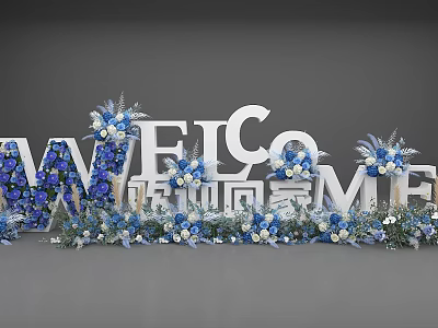 Floral Installation With Welcome Letters Blue White Flowers And Feather Accents 3d model