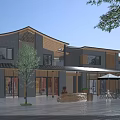 Traditional Modern Commercial Street With Outdoor Seating Umbrellas Trees Bench And Architecture