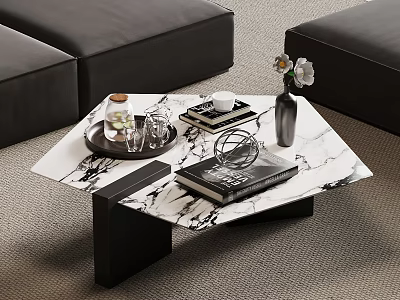 Modern Coffee Table With Marble Top Tray Glass Cups Books And Flower Vase 3d model