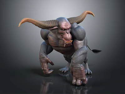 Fierce Minotaur 3D Character With Large Horns Muscular Body Ape Like Posture And Clawed Hands 3d model