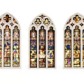 Three Gothic Stained Glass Windows Featuring Colorful Religious Figures And Ornate Patterns 3d model