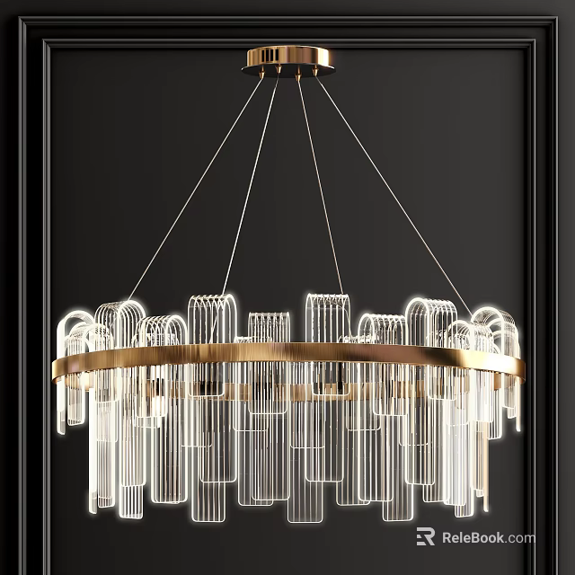 Modern Clear Glass Chandelier with Golden Circular Frame and Illuminated Hanging Structure 3d model 