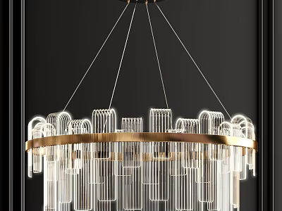 Modern Clear Glass Chandelier with Golden Circular Frame and Illuminated Hanging Structure 3d model