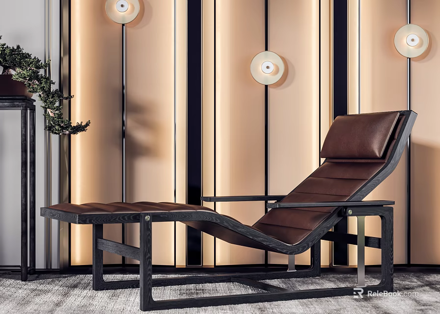 Modern Leather Chaise Lounge with Black Metal Frame Against Striped Wall and Round Lights 3d model 