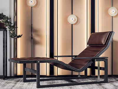 Modern Leather Chaise Lounge with Black Metal Frame Against Striped Wall and Round Lights 3d model