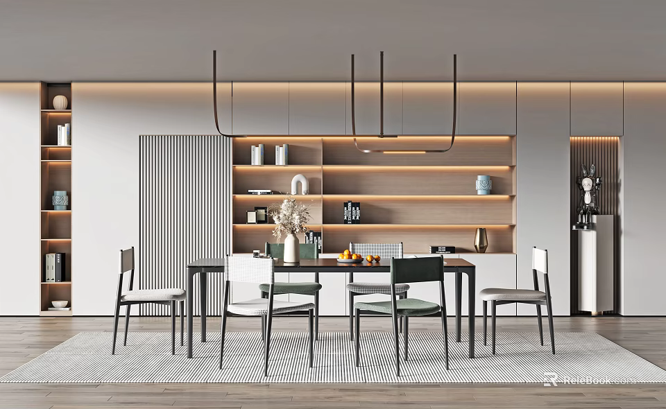 Elegant Modern Restaurant Interior With Dining Table Chairs And Pendant Lights 3d model