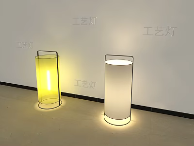Artisanal Craft Table Lamp Cylindrical Design Yellow White Shades With Metal Frame 3d model