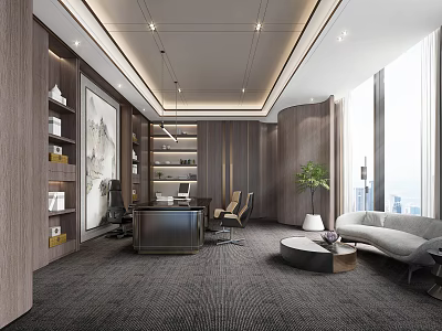 Modern Office Interior With City View Sofa Desk Green Plant And Decorative Elements 3d model