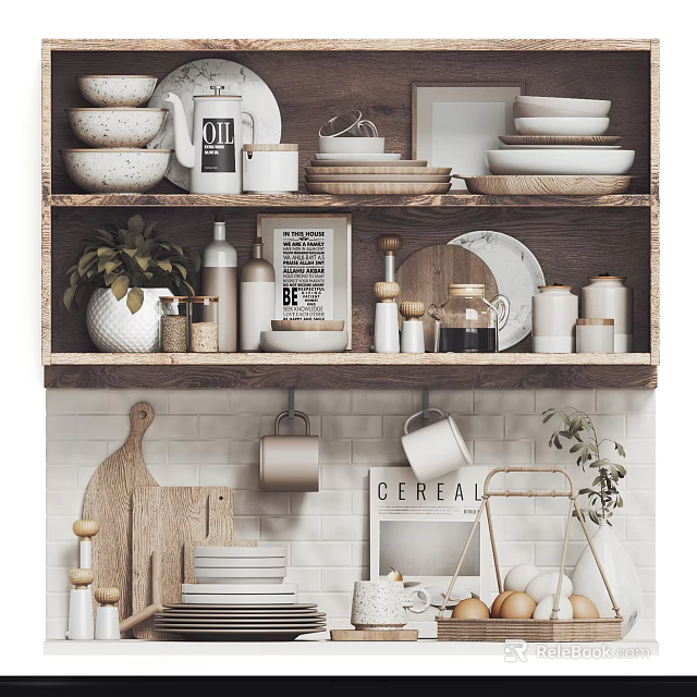 Dinnerware Set With Bowls Plates Mugs On Kitchen Wooden Shelves And Decorative Jars Plant 3d model 