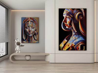 Modern Portrait Paintings with Vibrant Colors in Minimalist Interior Decor on White Wall and Window 3d model