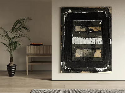 Abstract Black And White Painting On Wall With Green Plant And Console Table 3d model