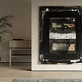 Abstract Black And White Painting On Wall With Green Plant And Console Table