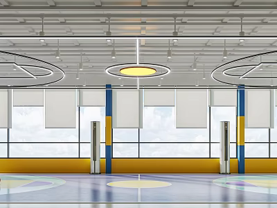 Modern Fitness Center Interior With Circular Ceiling Lights Blue Yellow Pillars And Large Windows 3d model