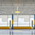 Modern Fitness Center Interior With Circular Ceiling Lights Blue Yellow Pillars And Large Windows