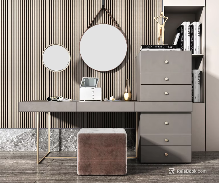 Gray Dressing Table With Two Round Mirrors Upholstered Stool And Striped Wall 3d model