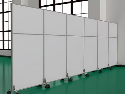 Garage Interior With White Mobile Partitions On Wheels Green Floor And Large Windows 3d model