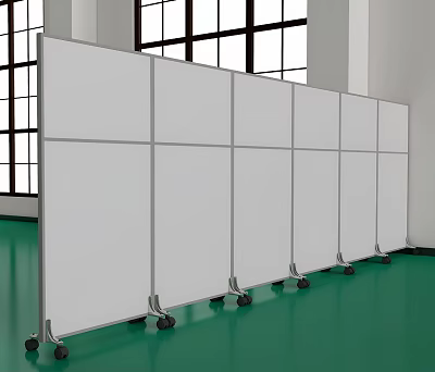 Garage Interior With White Mobile Partitions On Wheels Green Floor And Large Windows 3d model