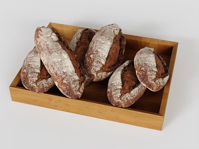 Freshly Baked Rustic Artisan Bread Loaves in Wooden Tray with Flour Dusting 3d model
