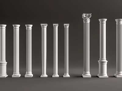 White Roman Columns in Various Classical Styles Featuring Fluted Shafts and Ornate Capitals 3d model
