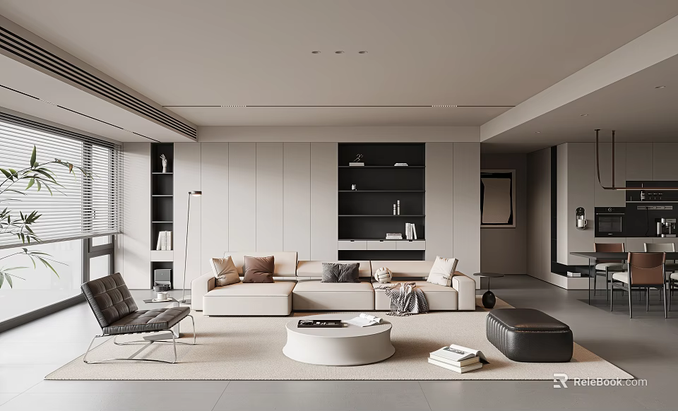 Modern Living Dining Room Interior With Beige Sofa Coffee Table And Wall Bookshelves 3d model 