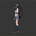 3D Anime School Girl Character With Long Hair White Blouse Blue Plaid Skirt Green Socks