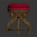 Traditional Wooden Stool With Red Padded Seat And Decorative Studs On Curved Legs
