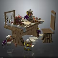 Vintage Wooden Work Table And Chair With Books Papers Candles And Statues