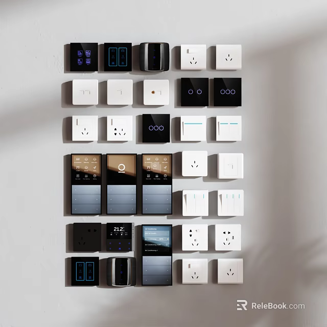 Various Design Switch Panels In Different Colors With Sockets And Smart Displays On Wall 3d model 
