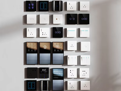 Various Design Switch Panels In Different Colors With Sockets And Smart Displays On Wall 3d model