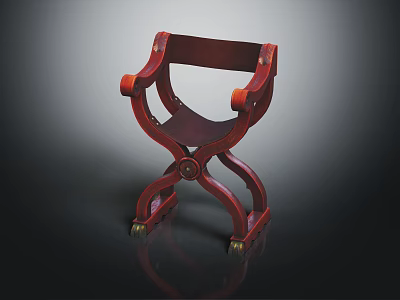 Antique Red Wooden Chair With Curved Frame Leather Seat And Brass Casters 3d model