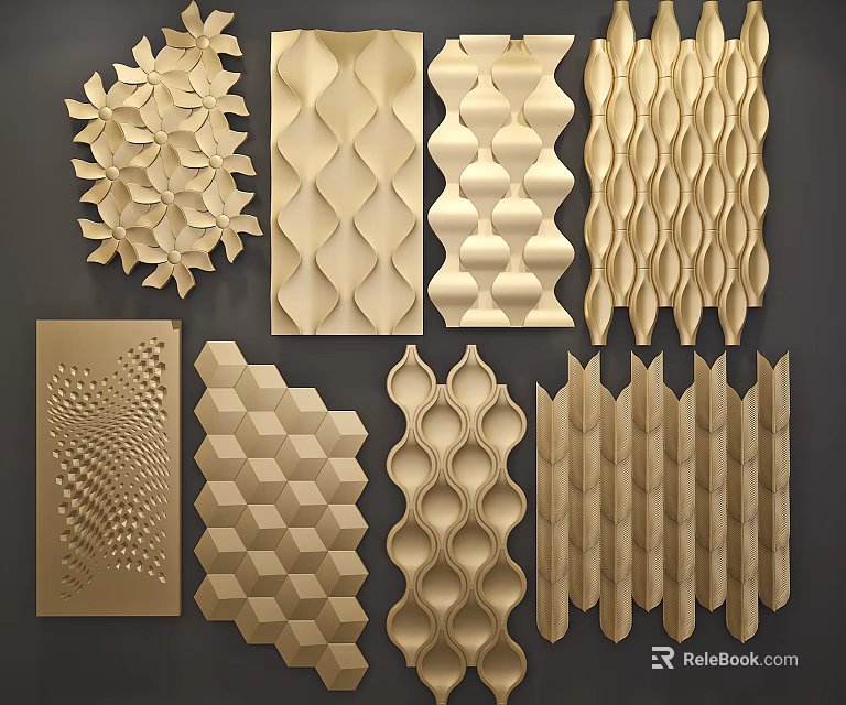 Gold Decorative Wall Panels With Various Geometric Patterns Wavy And Honeycomb Textures 3d model 