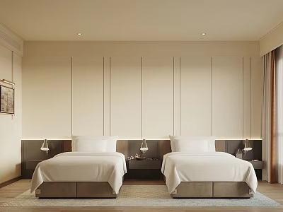 Modern Hotel Guest Room With Twin Beds Beige Paneled Walls Bedside Lamps And Elegant Ambiance 3d model
