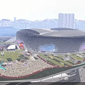 Modern Large Sports Stadium with Cityscape Waterfront View Green Area and Fitness Facilities