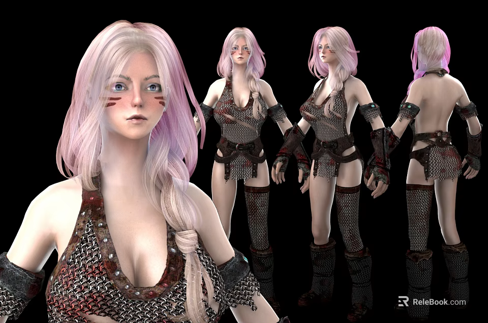 Female Game Character With Pink Gradient Hair Chainmail Outfit And Backless Design 3d model 