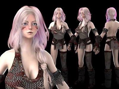 Female Game Character With Pink Gradient Hair Chainmail Outfit And Backless Design 3d model