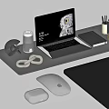 Laptop Desk Setup With Notebook Mouse Coffee Cup Smart Speaker And Wireless Earbuds 3d model