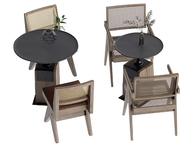 Modern Round Table And Woven Chair Set With Wooden Frame And Decorative Potted Plant 3d model