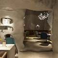 Cave Style Cafe Interior With Stone Walls Illuminated Lighting And Wooden Menu Boards