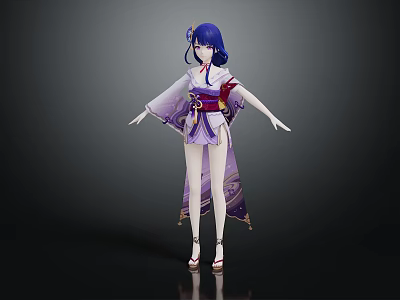 Anime Character With Blue Hair Wearing Purple White Kimono And Red Belt In Dark Background 3d model