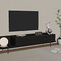 Modern Black TV Stand with Rabbit Ornament Radio Books White Round Lamp and Green Plant