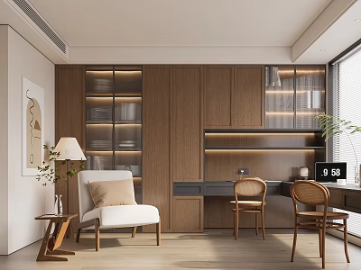 Modern Study Room With Wooden Bookshelves Desk Chairs Floor Lamp And Potted Plant 3d model