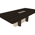 Rectangular Dark Wooden Dining Table With Light Square Inlays And Stone Block Legs 3d model