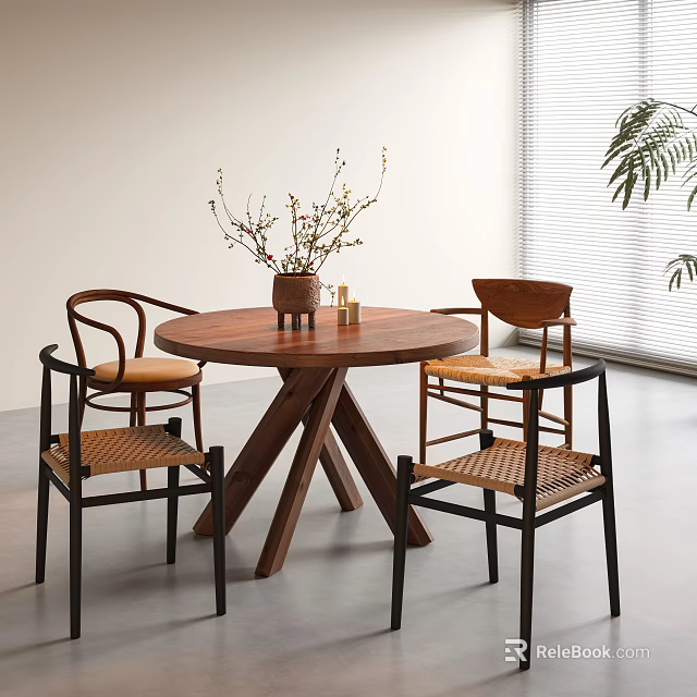 Round Wooden Dining Table With Curved Armchairs Woven Seats Minimalist Indoor Setting Vase With Flowers 3d model 