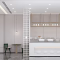 Modern Hotel Lobby Interior With Geometric Grid Partition Flowing White Pendant Light And Marble Floor