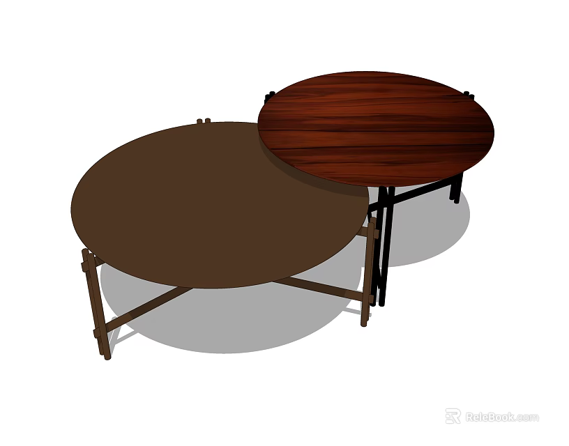 Two Round Wooden Coffee Tables With Brown Finish And Cross Leg Design 3d model 