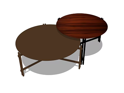 Two Round Wooden Coffee Tables With Brown Finish And Cross Leg Design 3d model