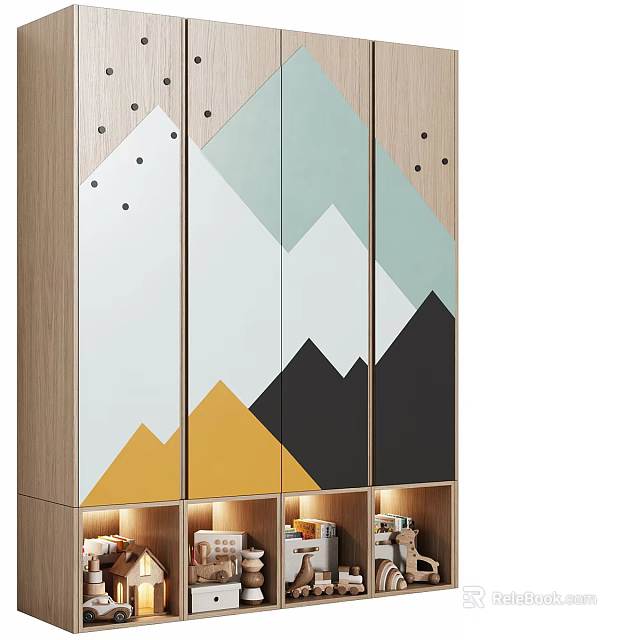 Modern Geometric Pattern Wardrobe With Green Gray Black Yellow Panels And Bottom Open Storage 3d model 